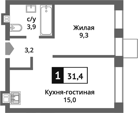Планировка — Никольский квартал Отрада, 2-комн., 31 м²
