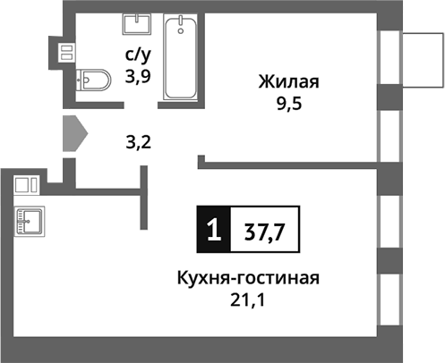 Планировка — Никольский квартал Отрада, 2-комн., 38 м²