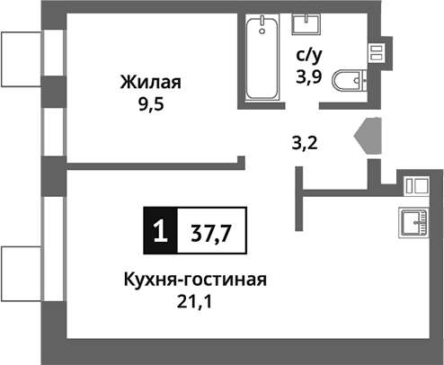 Планировка — Никольский квартал Отрада, 2-комн., 38 м²