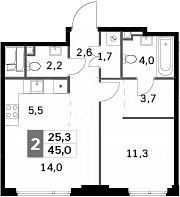Планировка — Sydney City, 2-комн., 45 м²