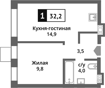 Планировка — Никольский квартал Отрада, 2-комн., 32 м²