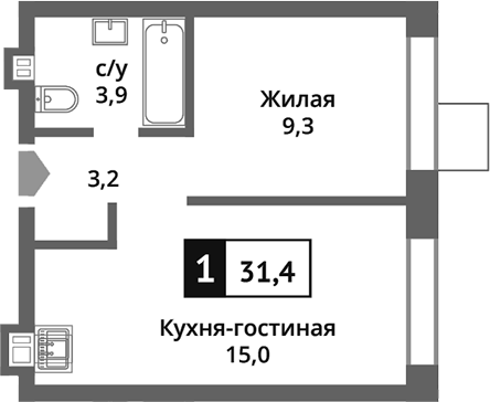 Планировка — Никольский квартал Отрада, 2-комн., 31 м²