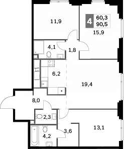 Планировка — Sydney City, 4-комн., 91 м²