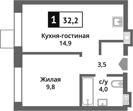 Планировка — Никольский квартал Отрада, 2-комн., 32 м²