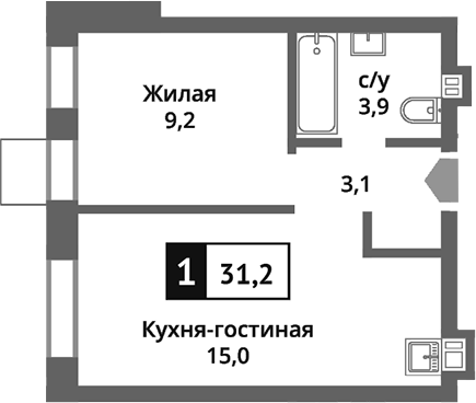 Планировка — Никольский квартал Отрада, 2-комн., 31 м²