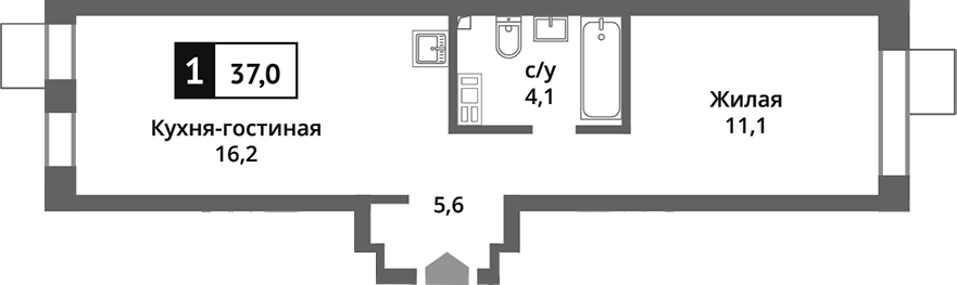 Планировка — Никольский квартал Отрада, 2-комн., 37 м²
