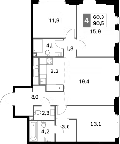 Планировка — Sydney City, 4-комн., 91 м²
