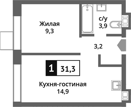 Планировка — Никольский квартал Отрада, 2-комн., 31 м²