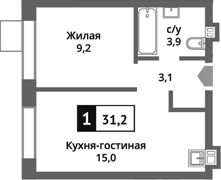Планировка — Никольский квартал Отрада, 2-комн., 31 м²