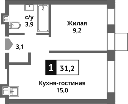 Планировка — Никольский квартал Отрада, 2-комн., 31 м²