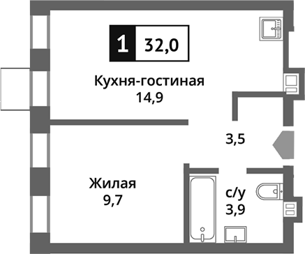 Планировка — Никольский квартал Отрада, 2-комн., 32 м²