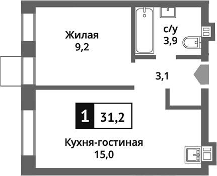 Планировка — Никольский квартал Отрада, 2-комн., 31 м²