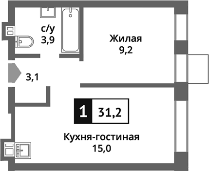 Планировка — Никольский квартал Отрада, 2-комн., 31 м²