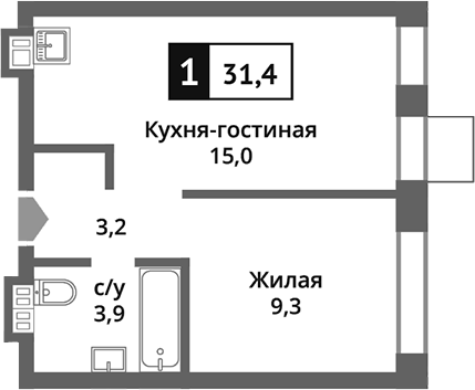 Планировка — Никольский квартал Отрада, 2-комн., 31 м²