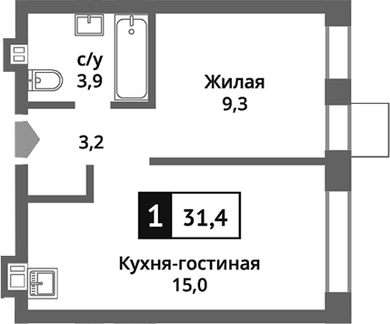 Планировка — Никольский квартал Отрада, 2-комн., 31 м²