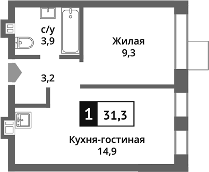 Планировка — Никольский квартал Отрада, 2-комн., 31 м²