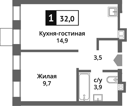 Планировка — Никольский квартал Отрада, 2-комн., 32 м²