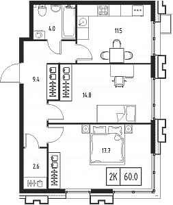 Планировка — Сколково ВАН, 2-комн., 60 м²