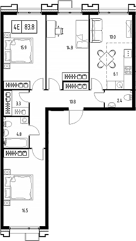 Планировка — Сколково ВАН, 4-комн., 84 м²
