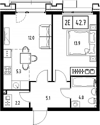 Планировка — Сколково ВАН, 2-комн., 43 м²