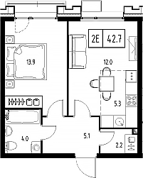 Планировка — Сколково ВАН, 2-комн., 43 м²