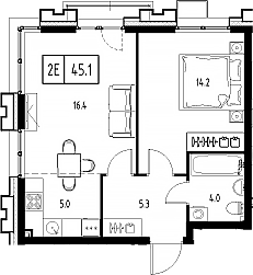 Планировка — Сколково ВАН, 2-комн., 45 м²