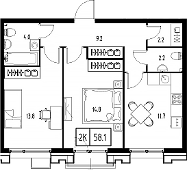 Планировка — Сколково ВАН, 2-комн., 58 м²
