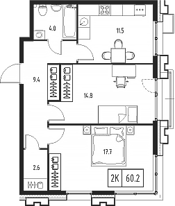Планировка — Сколково ВАН, 2-комн., 60 м²