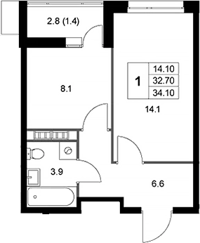 Планировка — Легенда Коренево, 1-комн., 33 м²