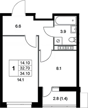 Планировка — Легенда Коренево, 1-комн., 33 м²
