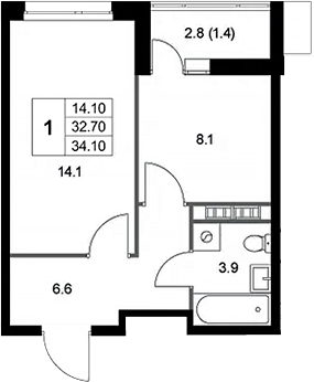 Планировка — Легенда Коренево, 1-комн., 33 м²