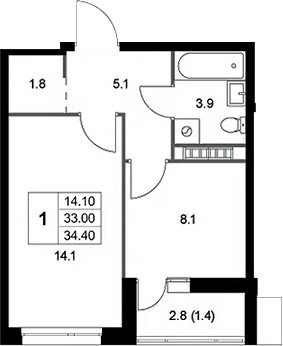 Планировка — Легенда Коренево, 1-комн., 33 м²