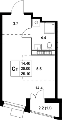 Планировка — Легенда Коренево, Студия, 28 м²