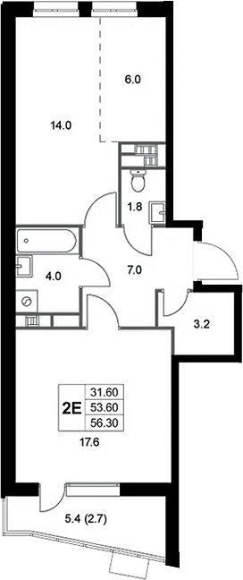 Планировка — Легенда Коренево, 2-комн., 54 м²