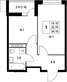 Планировка — Легенда Коренево, 1-комн., 33 м²