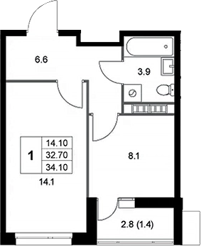 Планировка — Легенда Коренево, 1-комн., 33 м²