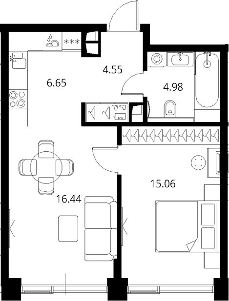 Планировка — Сити Бэй, 2-комн., 48 м²