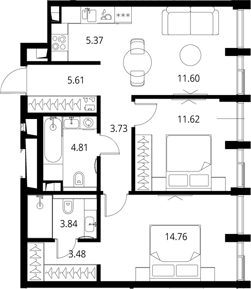 Планировка — Сити Бэй, 3-комн., 65 м²