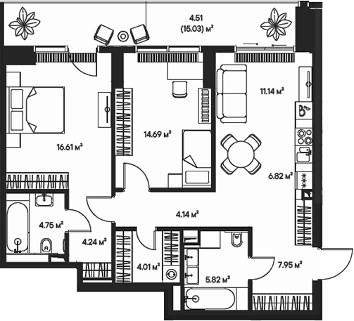 Планировка — Джойс, 3-комн., 80 м²