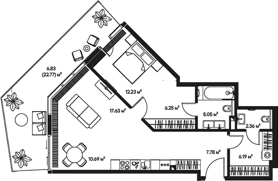 Планировка — Джойс, 2-комн., 68 м²