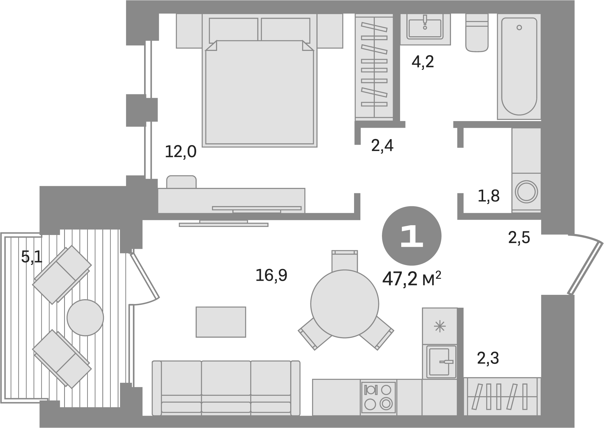 Планировка — Дом А, 1-комн., 42 м²