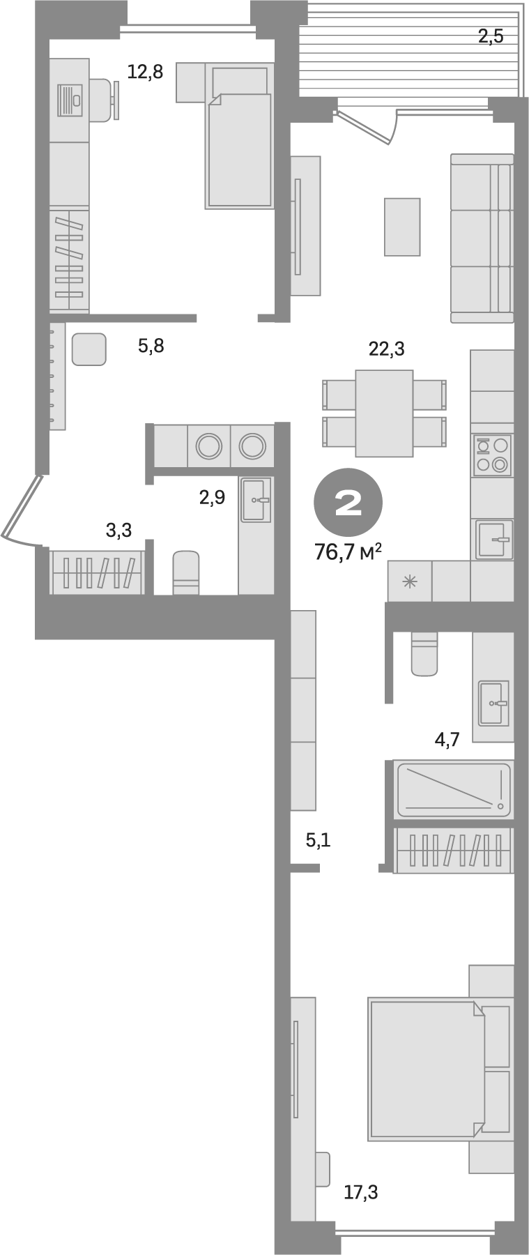 Планировка — Дом А, 2-комн., 74 м²