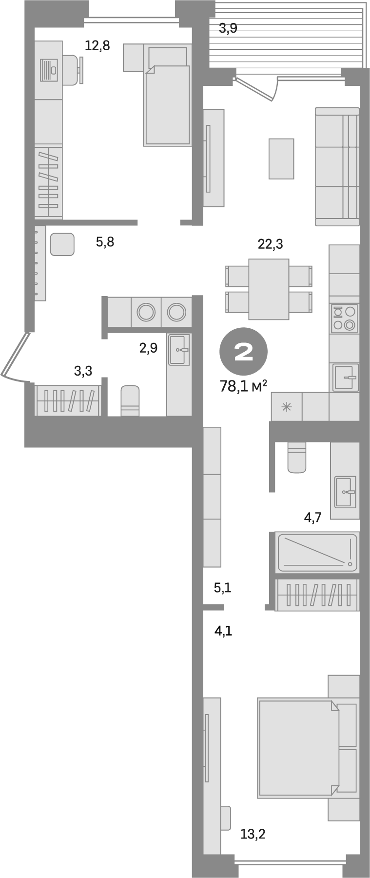 Планировка — Дом А, 2-комн., 74 м²