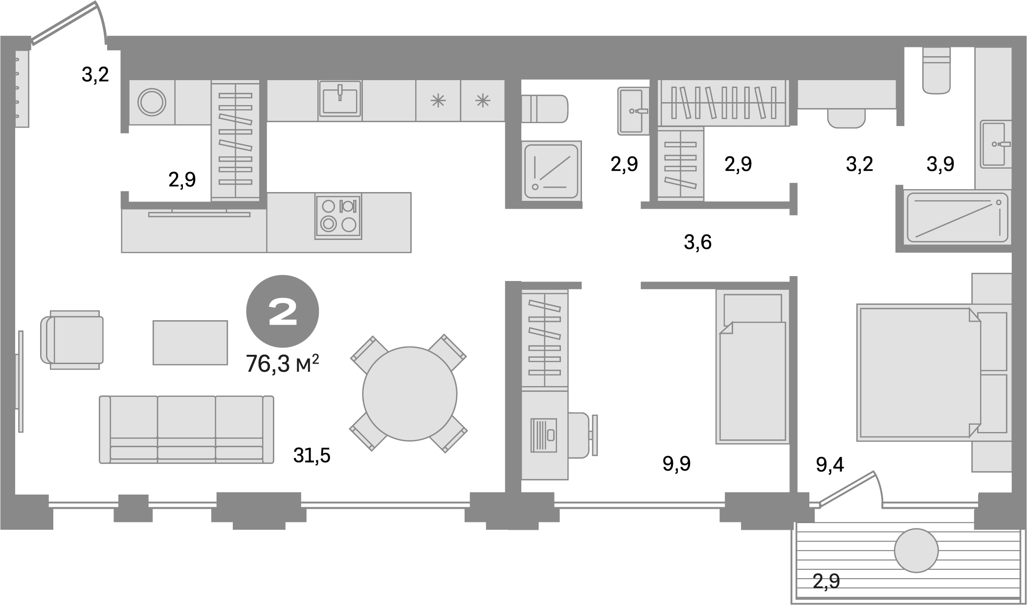 Планировка — Дом А, 2-комн., 73 м²