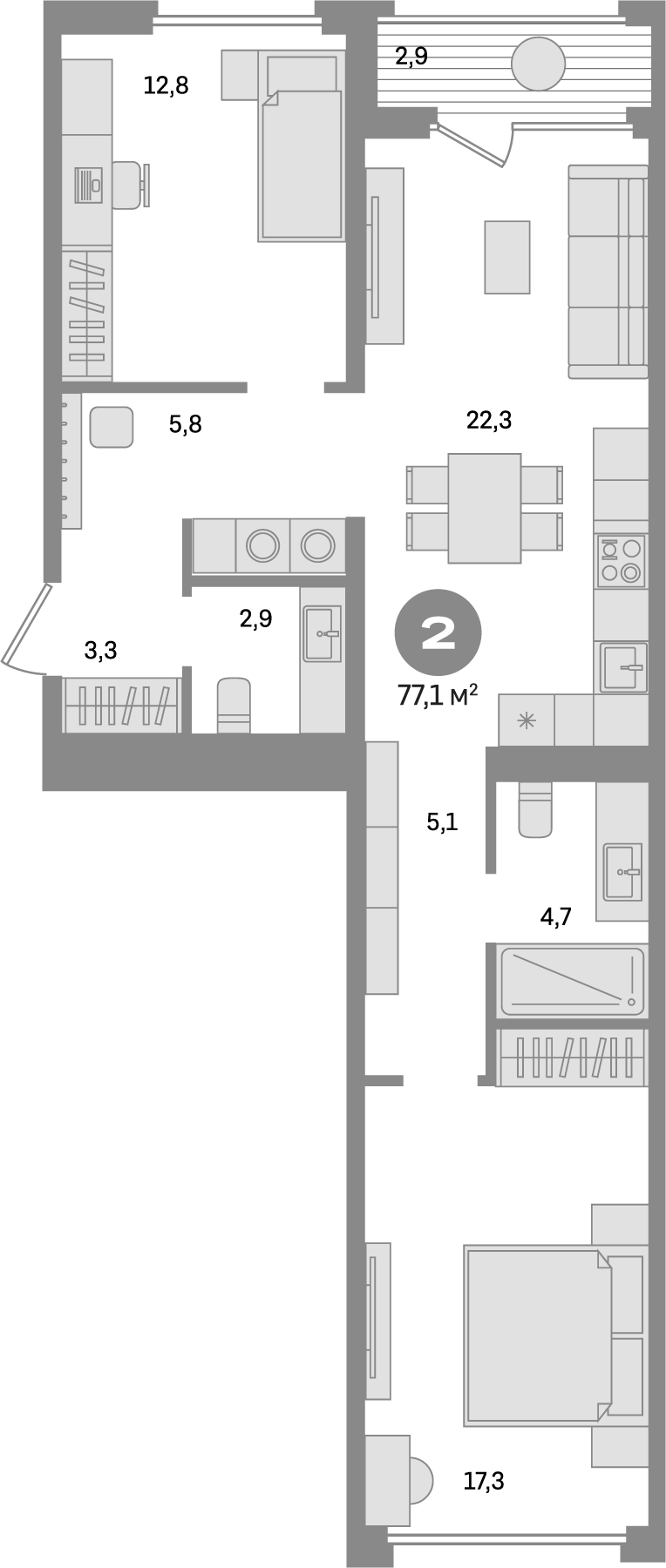 Планировка — Дом А, 2-комн., 74 м²