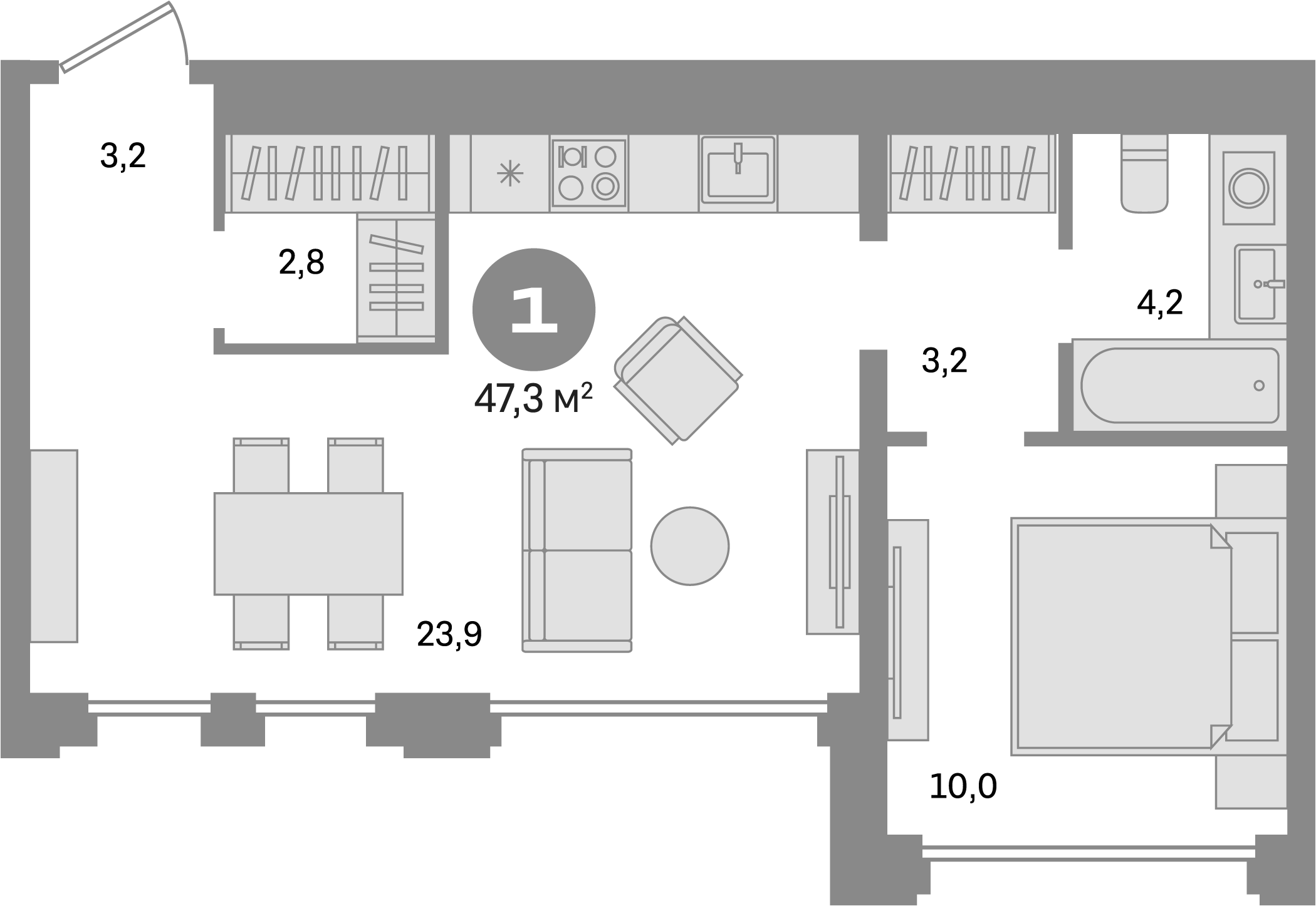 Планировка — Дом А, 1-комн., 47 м²