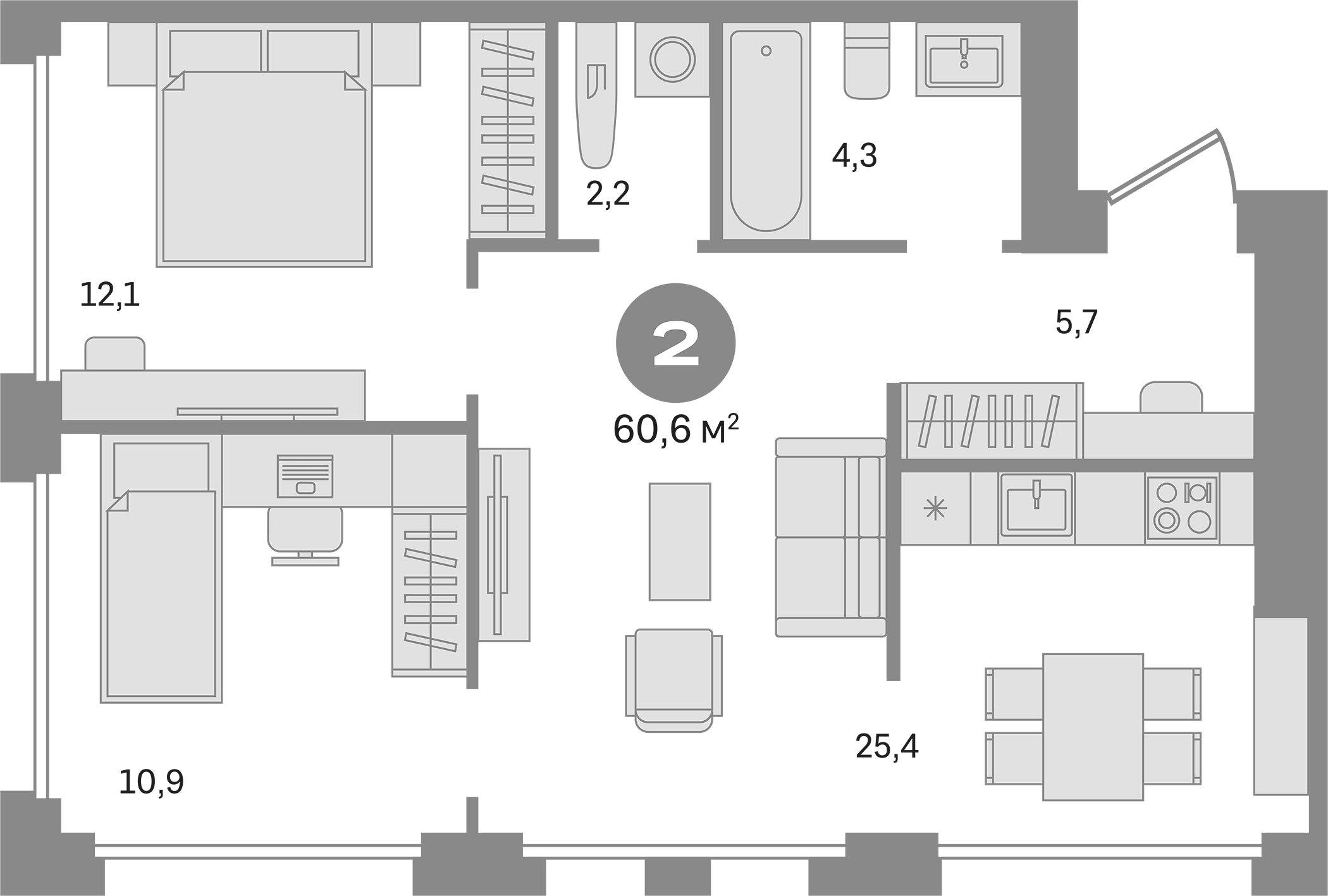 Планировка — Дом А, 2-комн., 61 м²