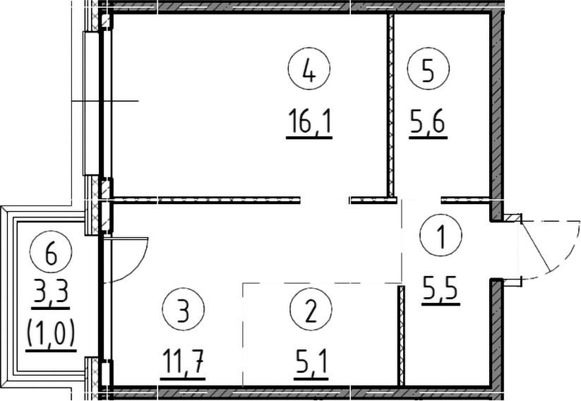 Планировка — Дом А, 1-комн., 44 м²