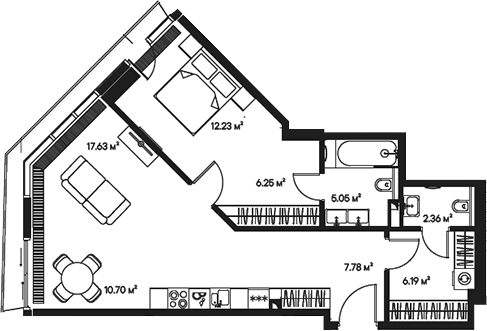 Планировка — Джойс, 2-комн., 68 м²