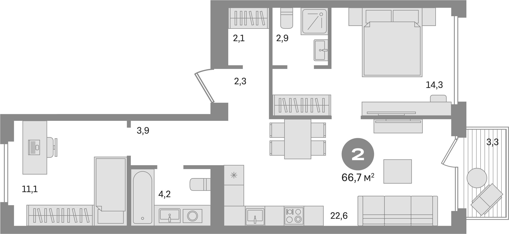 Планировка — Дом А, 2-комн., 63 м²